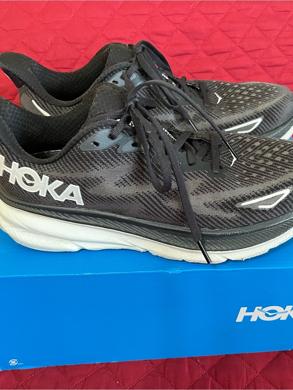 Hoka Women’s Black and White Clifton 9 Road Running Shoes